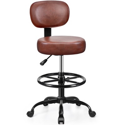 KERDOM Drafting Chair with Backrest Adjustable Foot Rest Rolling Stool with Wheels,Red Brown