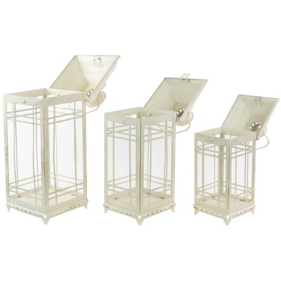 Set of 3 Cream Metal Candle Lanterns with Brushed Gold Accents