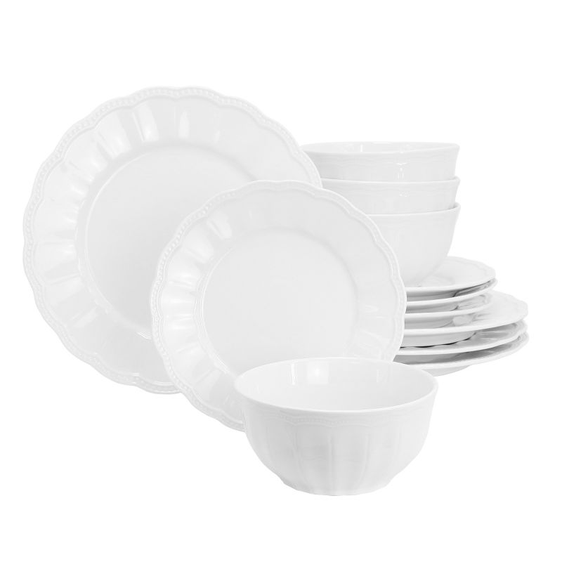 Hometrends Ultra Durable 12 Piece Fine Ceramic Embossed Dinnerware Set in White, 1 of 9