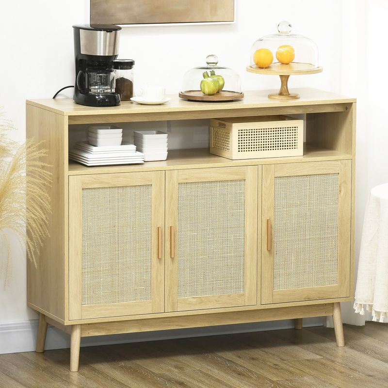 HOMCOM Kitchen Sideboard with 2 Cabinets, Boho Buffet Cabinet with 3 Rattan Decorated Doors and Adjustable Shelf, Coffee Bar Cabinet, 2 of 7
