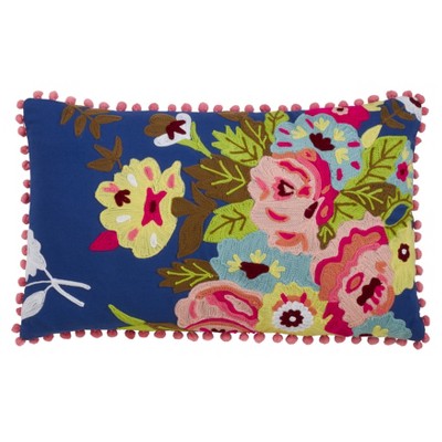Saro Lifestyle Embroidered Flower  Decorative Pillow Cover, Multi, 12"x20"