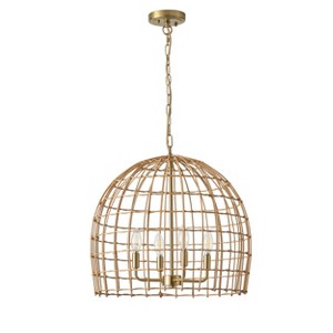 Dewdrop Farmhouse Rattan Dome Pendant Light 4-Light Woven Chandelier with Gold Canopy for Kitchen Island Dining Room - 1 of 4