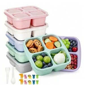 BRINJOY 6-Pack, 4-Compartment Eco-Friendly Bento Lunch Box Containers | Wheat Straw Meal Prep Set with Utensils & Food Picks | Non-Toxic & Stackable - 1 of 4