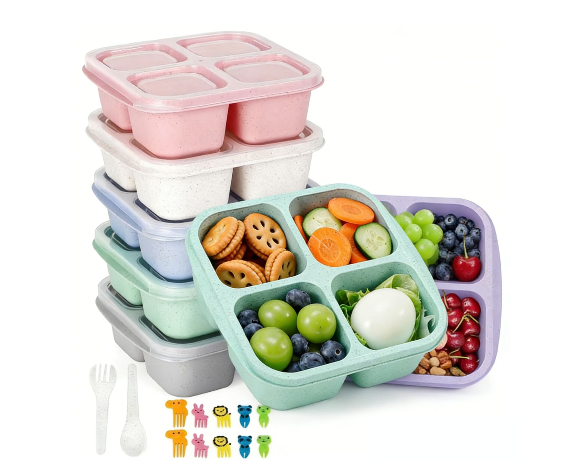 ATTOP 6-Pack Bento Lunch Box Set with 4 Compartments | Wheat Straw, Leakproof Design, Microwave and Dishwasher Safe for Kids & Adults