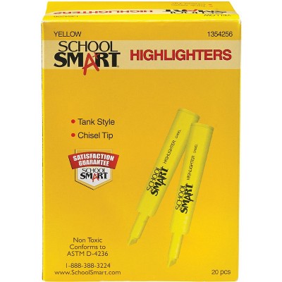 School Smart Tank Style Highlighters, Chisel Tip, Yellow, pk of 20