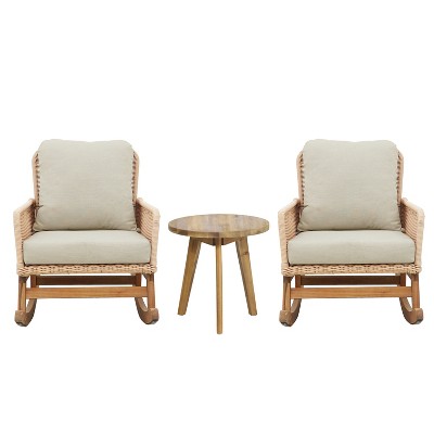 VisioGear Patio Accent Table Sets, 3-Piece Outdoor Table Set with Rocking Chairs, Wooden Accent Table for Patio, Beige, 24.80"*42.52"*31.5"