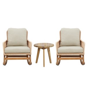 VisioGear Patio Accent Table Sets, 3-Piece Outdoor Table Set with Rocking Chairs, Wooden Accent Table for Patio, Beige, 24.80"*42.52"*31.5" - 1 of 4