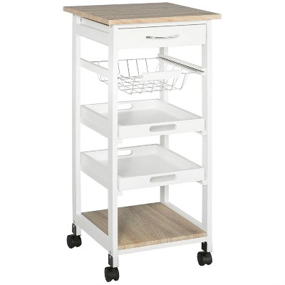 LunaLulinlk Mobile Kitchen Cart, Rolling Kitchen Island with Storage, Solid Wood Frame Utility Cart with Trays and Drawer, White