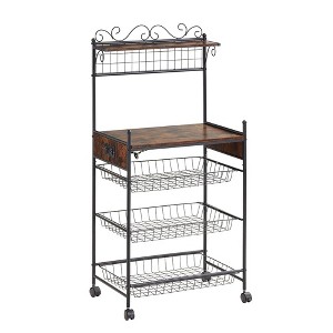 GustoWave 49''H Kitchen Removable Microwave Oven Stand with Wire Basket Wheels Anti-Skid Locks, Storage Shelf Rack for Spices Pots Pans, Brown - 1 of 4