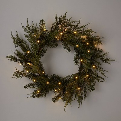 22" Pre-lit Mixed Greenery Artificial Christmas Wreath LED Warm White Lights - Wondershop™