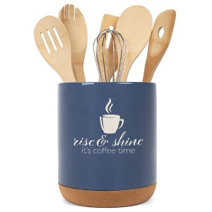 Elanze Designs Rise Shine It's Coffee Time Barista Ceramic Cork Bottom Navy Blue Large Capacity Utensil Holder Crock for Countertop Storage, Stylish & - 1 of 4