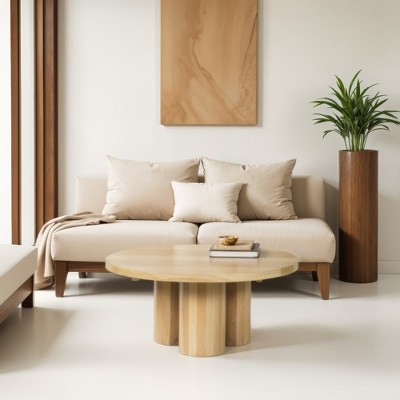 Royal Hampton Round Top with 3 Pillar Legs Mango Wood Coffee Table, 35.5 Inch