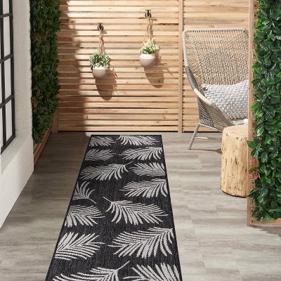 Tropical Palm Leaves Black Synthetic Flatwoven Reversible Rug - 2'x7'