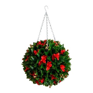 Nearly Natural 15" UV Resistant Artificial Red Tip Photinia Christmas Hanging Ball (Indoor/Outdoor) - 1 of 4