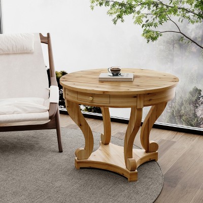 VYNXARIA Curved Legs Farmhouse Style Small Size Round Dining Table End Table Side Table Coffee Table, Natural Wood