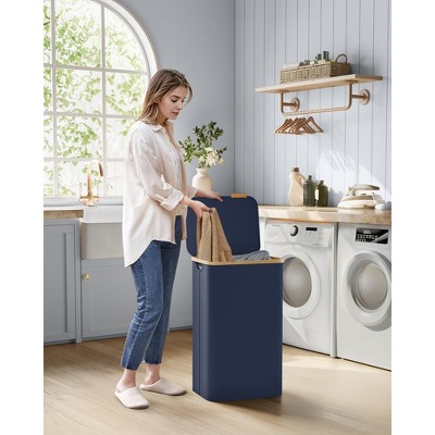 SONGMICS Laundry Hamper with Lid 3-Section Large Laundry Basket Removable Mesh Liner Bamboo Handles Collapsible