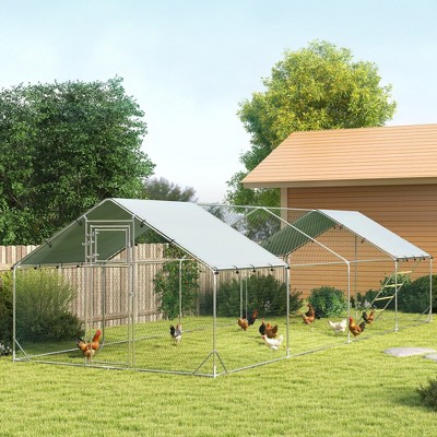 Large Silver Metal Chicken Coop with UV-Resistant Cover