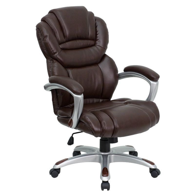 High Back LeatherSoft Executive Swivel Ergonomic Office Chair with Accent Layered Seat and Back and Padded Arms Brown - Flash Furniture, 1 of 6