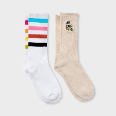 Pride Adult Out Loud & Proud and Rainbow Crew Socks 2pk - Oatmeal Striped
