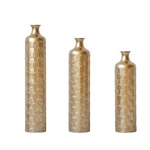 AENKYO Set of 3 Metal Tall Floor Vases, Gold Geometric Cylinder Vases with Vine Patterns -  for Living Room & Home Decor - 25"/29"/34" Height - 1 of 4