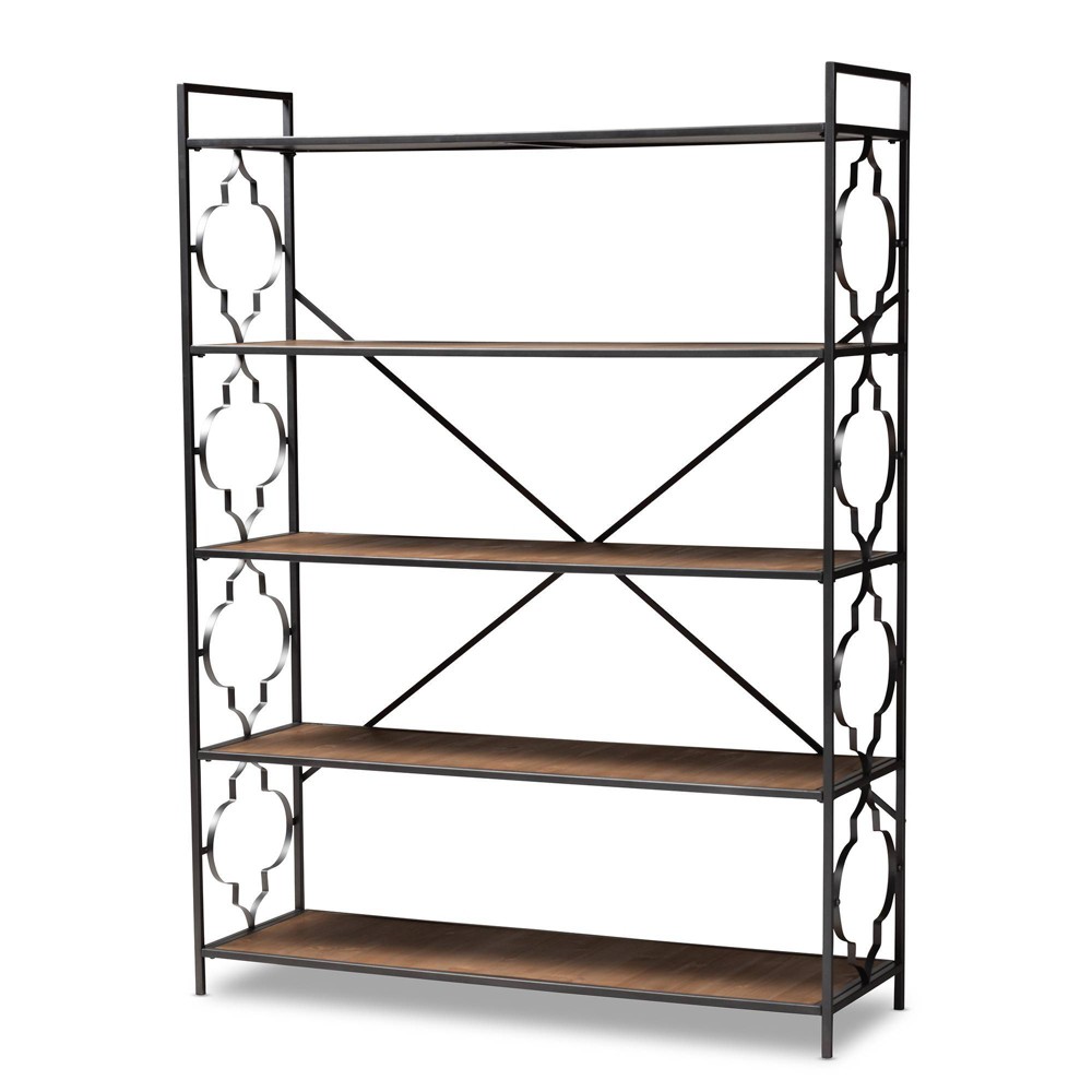 Photos - Wall Shelf 65" Mirna Iron & Oak Wood 5-Shelf Bookshelf with Quatrefoil Design - Baxto