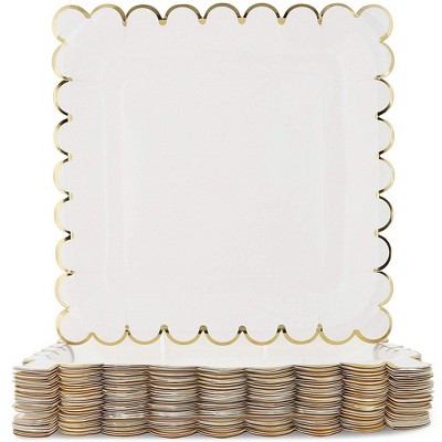 Juvale Blue Panda 48-Count White Party Disposable Paper Plates with Scalloped Gold Foil Edge, 9 Inches