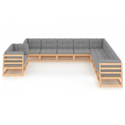 vidaXL Patio Furniture Set 11 Piece Outdoor Sectional Sofa Set Solid Wood Pine - Natural With Cushion