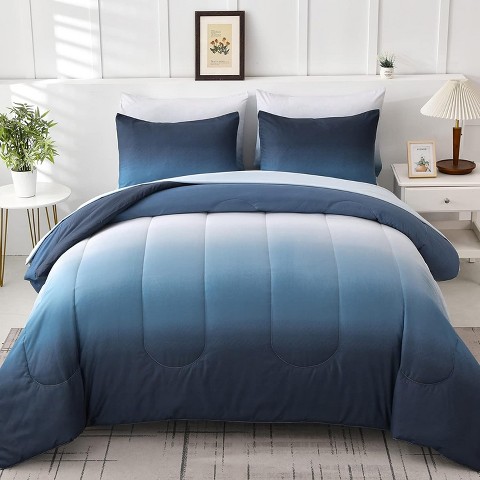Der Rose BALHAM TRADE-7 Pieces King Comforter Set All Season Lightweight Gradient Dark Green Down Bedding Blue-Queen 90"x90"
