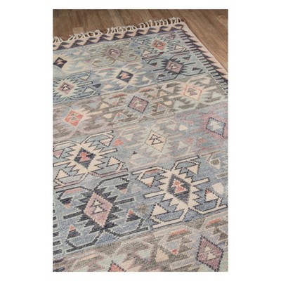 Boho Chic Blue Geometric Hand-Knotted Wool Area Rug 2' x 3'