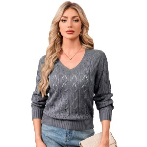 Coolmee Womens Long Sleeve Knit Sweater Fall Fashion V Neck Soft Pullover Top Business Casual Work Outfits - 1 of 4