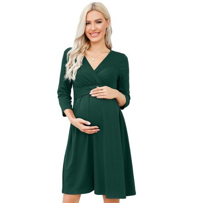 Maternity Dress V Neck Nursing 3/4 Sleeve A Line Party Midi Dress