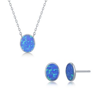 Opalata Sterling Silver Blue Inlay Opal Oval Disc Earrings and 18" Pendant Necklace Set - 1 of 4