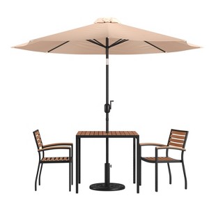 Merrick Lane Five Piece Faux Teak Patio Dining Set Includes Table, Two Club Chairs, 9' Patio Umbrella and Base - 1 of 4