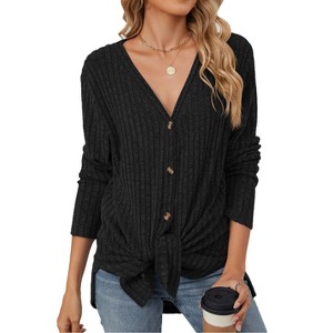 Coolmee Women's Long Sleeve Open Front Cardigan Button Down Ribbed Lightweight Knit Outerwear - 1 of 4