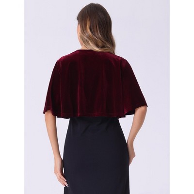 Allegra K Women's Velvet Cardigan Cocktail Party Bell Sleeve Open Front Cropped Shrug Bolero Dark Red X-Large — фото 3