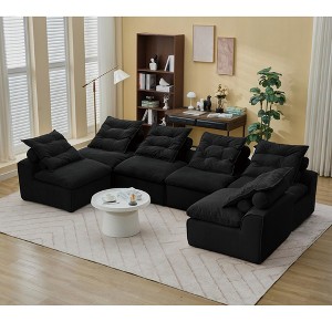 132'' Corduroy Modular No-Armrests DIY 6-Seater U-Shaped Sectional Sofas with Neck Pillow and Lumbar Pillow - 1 of 4
