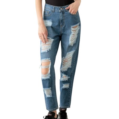 Slickblue Women's Destroyed Mom Fit Jeans, High Waist, Stretch Denim, Zipper Closure, Size 27/5-29/9, Blue