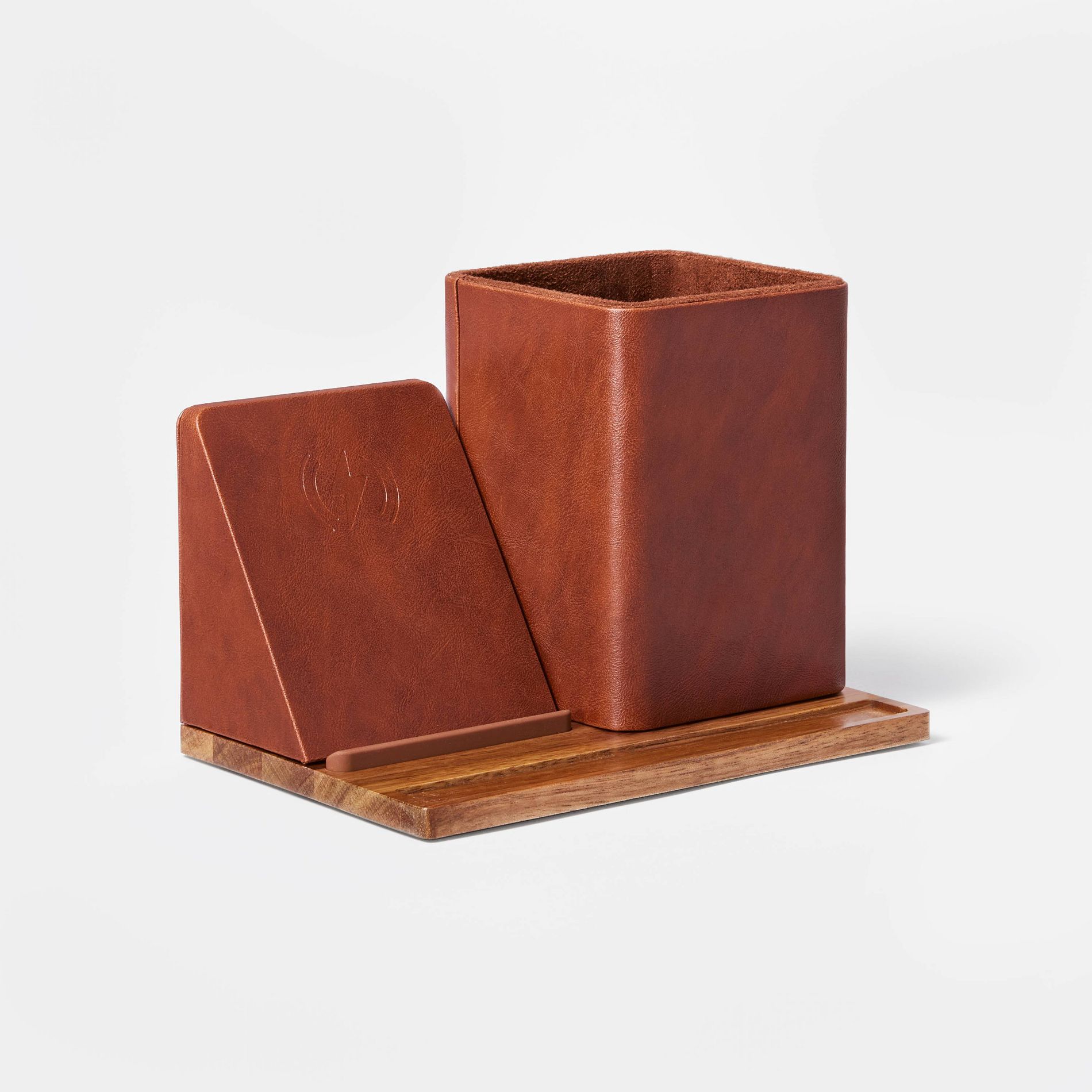Wireless Charging Stand & Pencil Cup Dark Brown - Threshold™: Desk Organizer, Office Supplies, Faux Leather