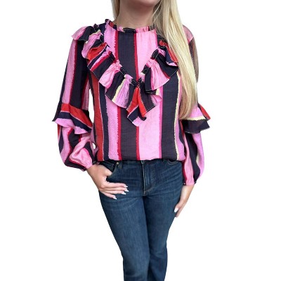Women's STRIPE RUFFLE BLOUSE - TCEC