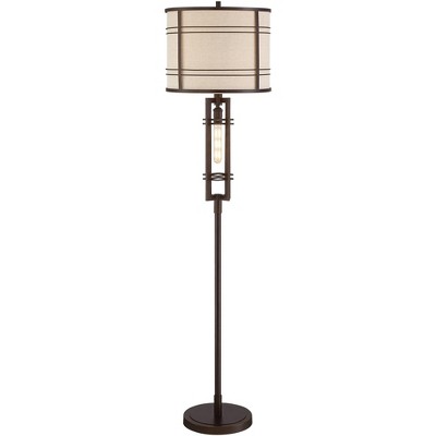 Franklin Iron Works Industrial Farmhouse Floor Lamp with Nightlight LED 65.5" Tall Oil Rubbed Bronze Oatmeal Fabric Drum Shade Living Room