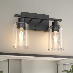 YANSUN 13.4 in. 2 Light Matte Black Vanity Light with Clear Cylinder Glass Shades for Industrial Bathroom Design - 1 of 1