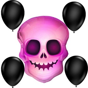 LoonBalloon 20" Halloween Glow Skull Holographic Balloon with 4 Latex Balloons – Spooky Party Decoration Set - 1 of 4