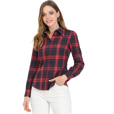 Allegra K Women's Plaid Button Down Collar Long Sleeve Top