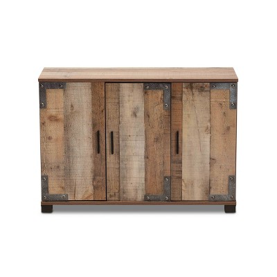 Rustic Brown Wood 3-Door Shoe Cabinet with Metal Accents