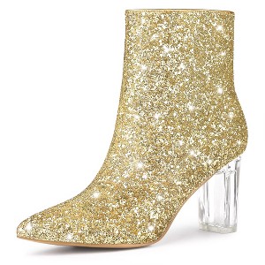 Allegra K Women's Zip Closure Pointed Toe Clear Block Heel Halloween Glitter Ankle Boots - 1 of 4