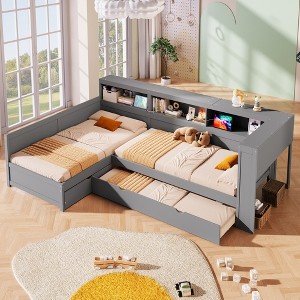 Whisen Wood Twin Size L-shaped Platform Bed with Trundle and a Drawer - 1 of 4