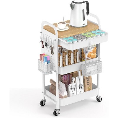 Rolling Cart with Drawer and Wood Table Top, 3 Tier Metal Rolling Utility Cart on Wheels with DIY