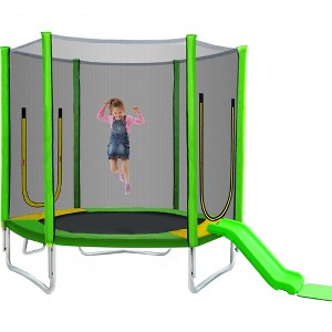JOYRACER 7FT Round Outdoor Trampoline with Safety Enclosure Net and Slide for Children, Easy-to-Assemble Trampoline - 1 of 4