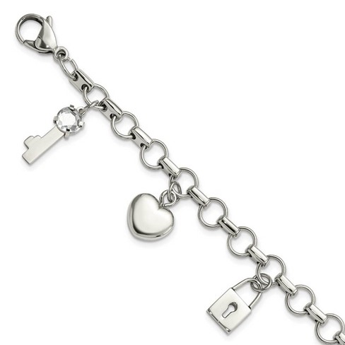 Black Bow Jewelry Stainless Steel and CZ Dangling Love Charms Adjustable Bracelet - image 1 of 4