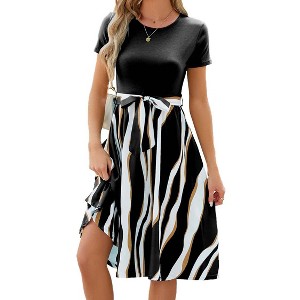 Women's Short Sleeve Round Neck A Line Dress Belted Fit and Flared Midi Summer Dresses Teacher Dress Irregular Stripes Dress - 1 of 4